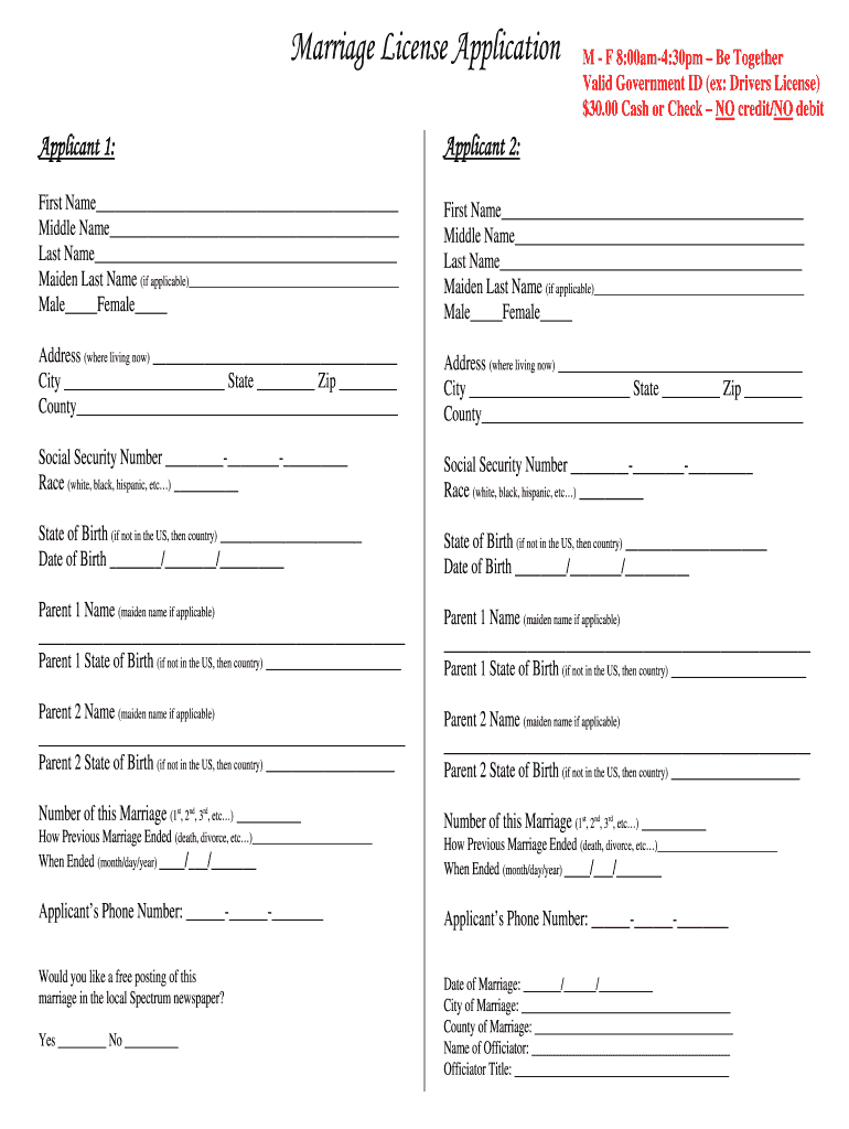 Marriage License Application  Washington County, Utah  Washco Utah  Form