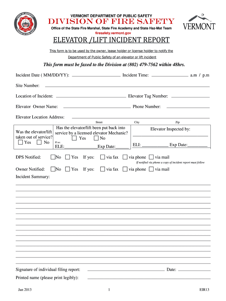 Lift Incident Report  Form