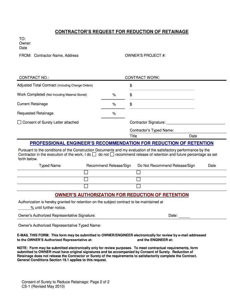 Get and Sign Cotractor's Request for Reduction of Retainage 2010-2022 Form