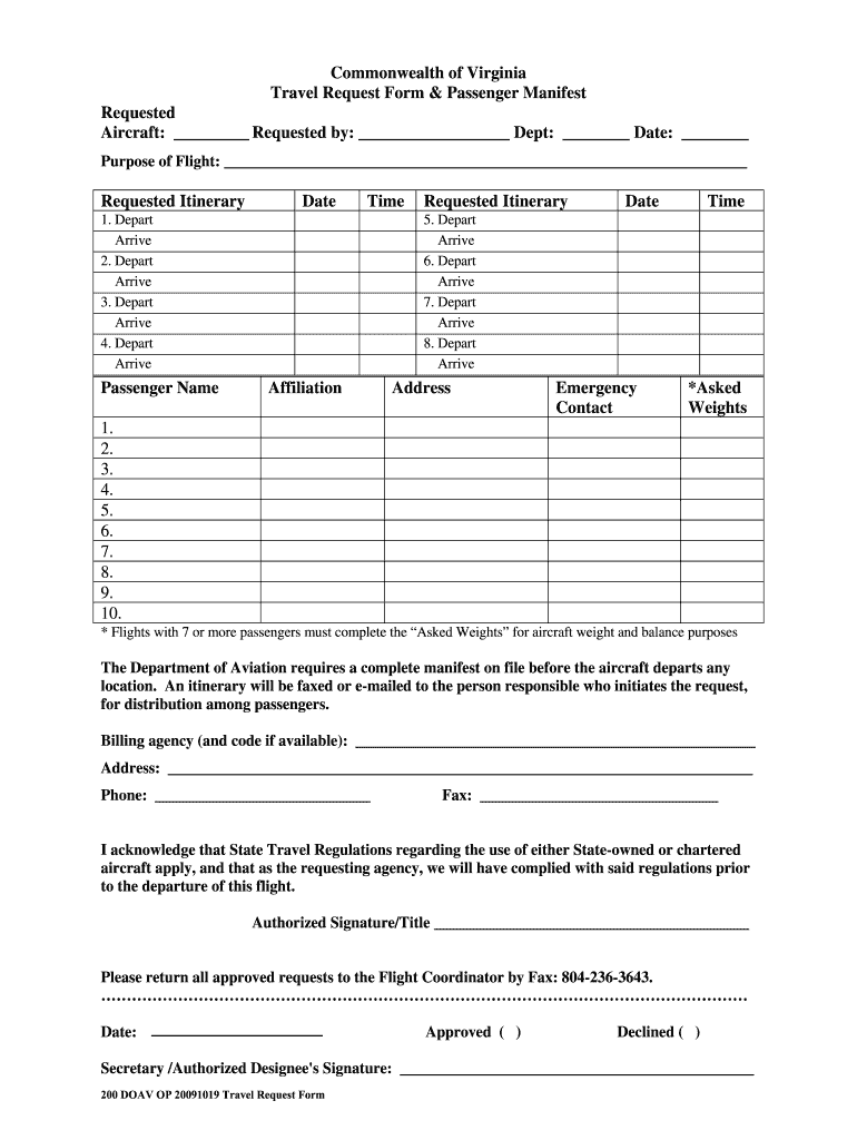  Aircraft Request Form PDF  the Virginia Department of Aviation    Doav Virginia 2009-2024