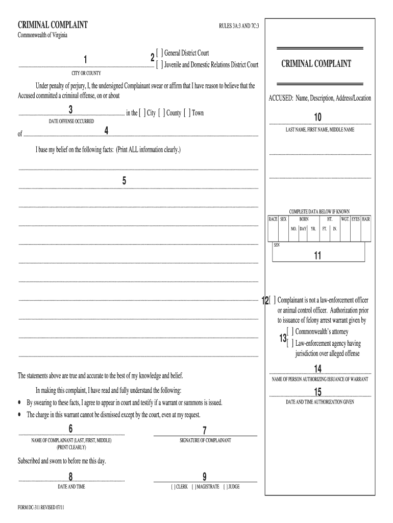  Virginia Criminal Complaint Form Dc 311 Fillable 2011