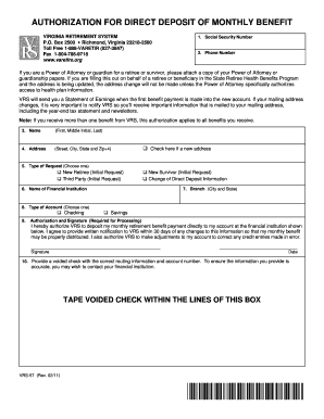 Authorization for Direct Deposit of Monthly Benefit VRS 57 Authorization for Direct Deposit of Monthly Benefit VRS 57 Varetire  Form