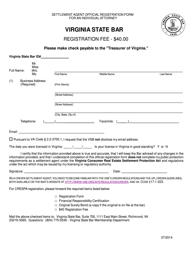 Registration Form for an Individual Attorney  Virginia State Bar  Vsb