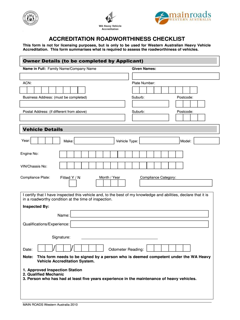  Roadworthiness Test Sheet PDF 2010