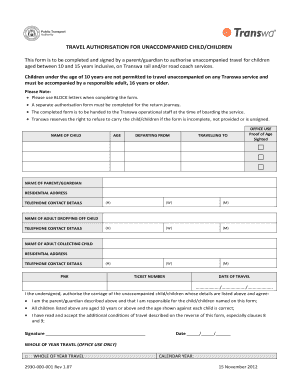 Transwa Unaccompanied Child Form