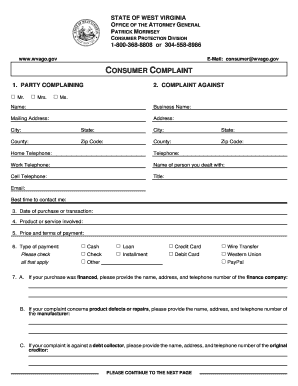 Wv Attorney General Complaint  Form