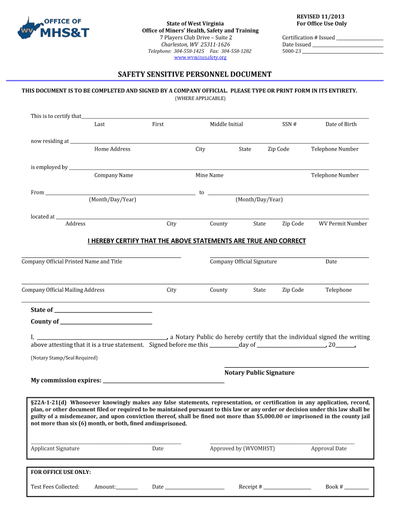 Wv Safety Sensitive  Form