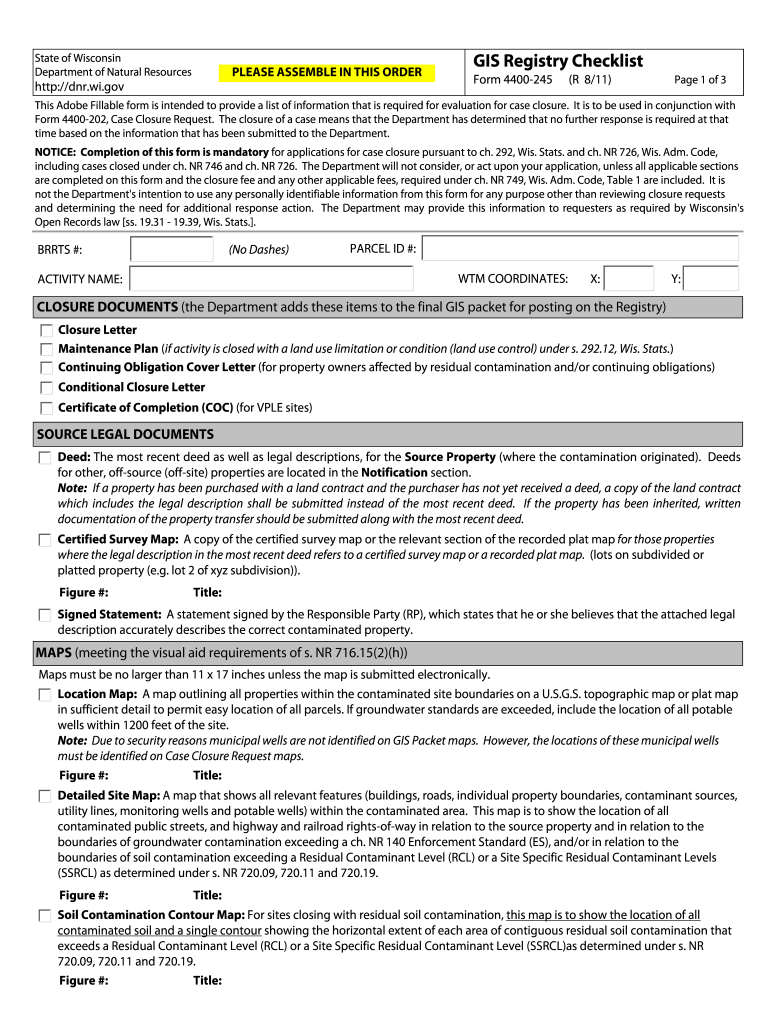 Form 4400 245 GIS Registry Checklist  Wisconsin Department of    Dnr Wi
