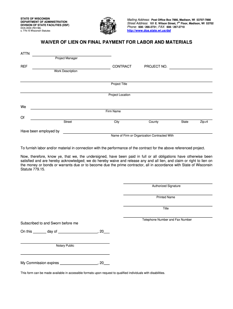  Lien Waiver Form Wi 1996-2024