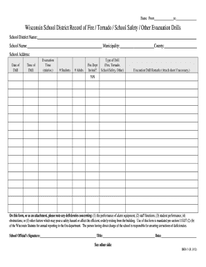 Wisconsin School District Record of Fire Tornado  Form