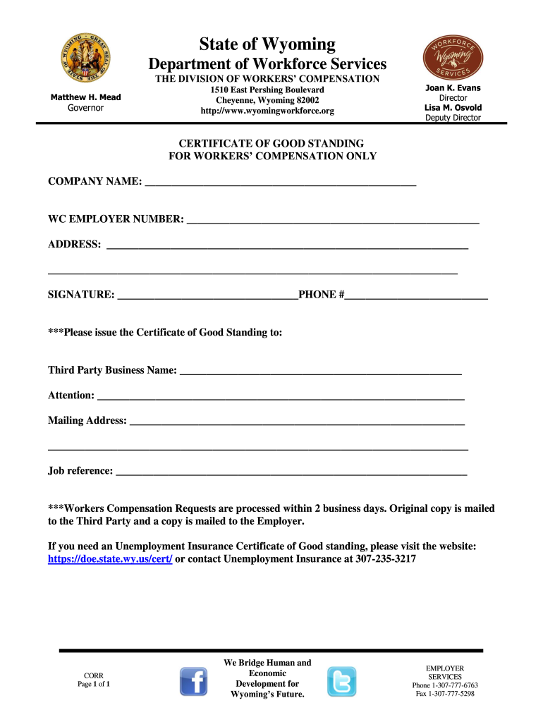 Wyoming Workers Compensation Certificate of Good Standing  Form