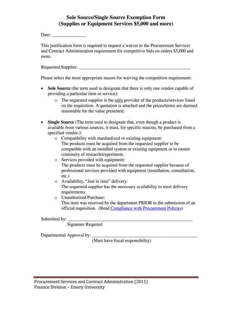  Sole SourceSingle SourceExemption Form Emory Finance Finance Emory 2011