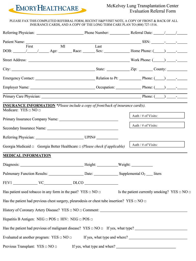 McKelvey Lung Transplantation Center Evaluation Referral Form