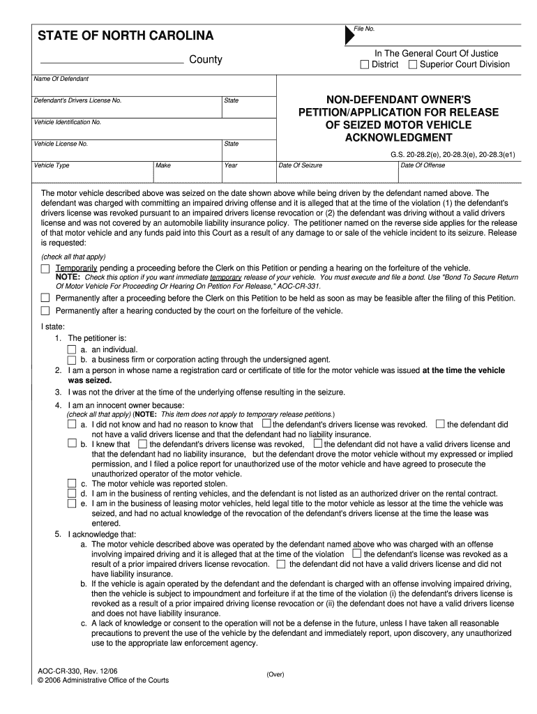 AOC CR 330A  the North Carolina Court System  Nccourts  Form