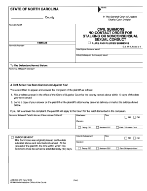 Civil Summons No Contact Order North Carolina Court System Nccourts  Form