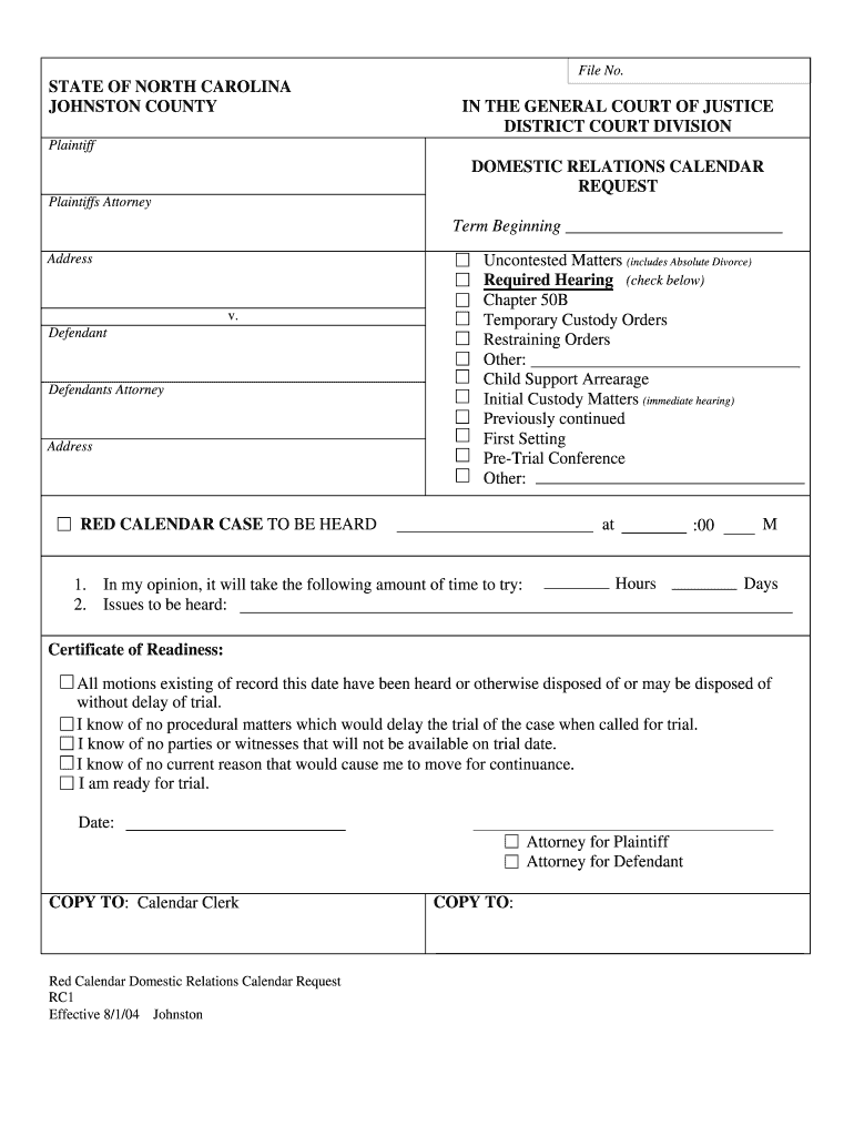  RC 1 Domestic Relations Calendar Request  North Carolina Court    Nccourts 2004-2024