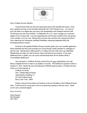 Fordham Kiwanis Club Membership Renewal Letter and Fordham  Form