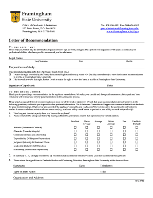  Letter of Recommendation Form Framingham State University Framingham 2012