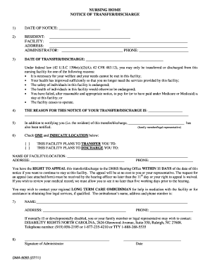 NC DMA Nursing Home NOTICE of TRANSFER or DISCHARGE DMA 9050 07 DOC Ncdhhs  Form