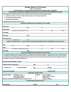 Office of the Registrar University System of Georgia USG Employees and Dependents Waiver Application Catalog Gatech  Form