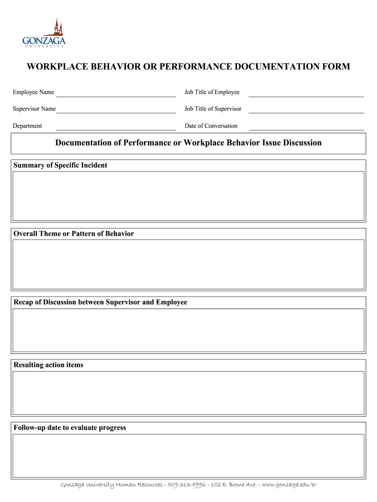 Workplace Behavior or Performance Documentation Form Gonzaga Gonzaga