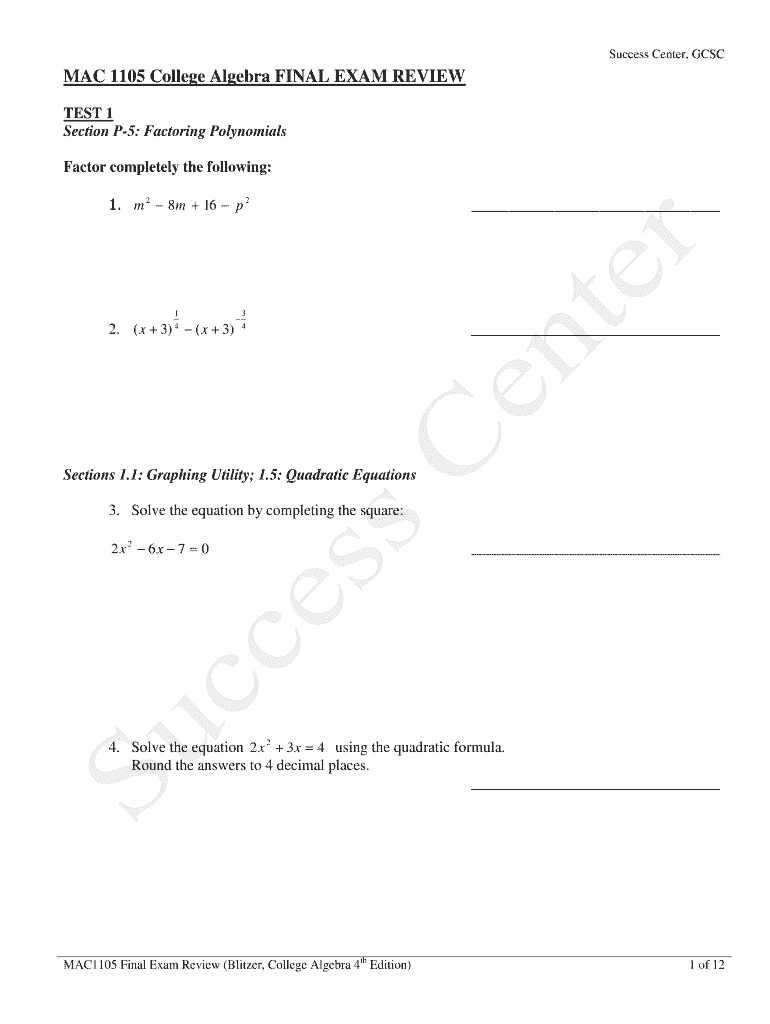 Mac 1105 College Algebra Final Exam Review  Form