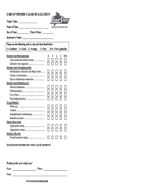 Group Fitness Instructor Evaluation Form