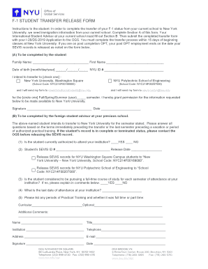 F 1 STUDENT TRANSFER RELEASE FORM New York University Nyu