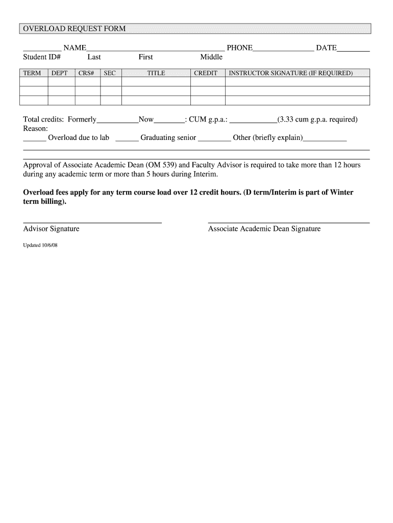 OVERLOAD REQUEST FORM North Central College Northcentralcollege