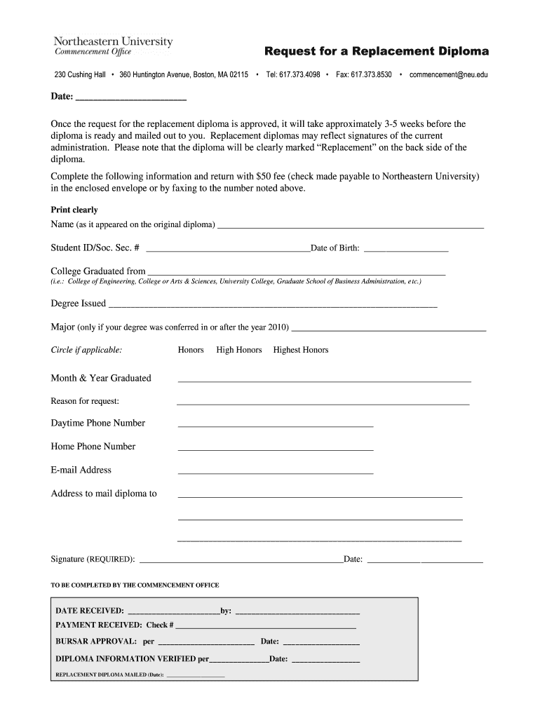 Northeastern University Diploma  Form