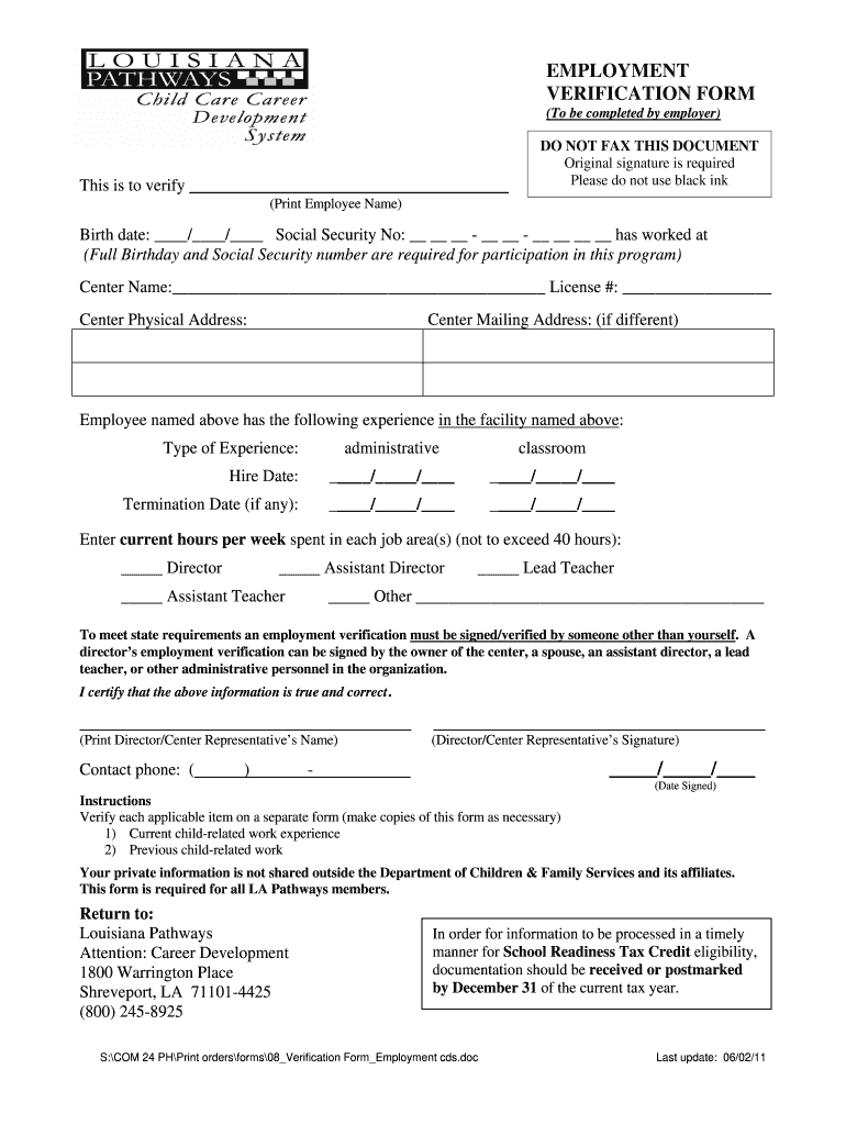 Louisiana Pathways Employment Verification Form