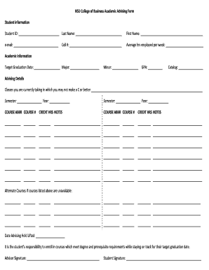 NSU College of Business Academic Advising Form Student Business Nsula
