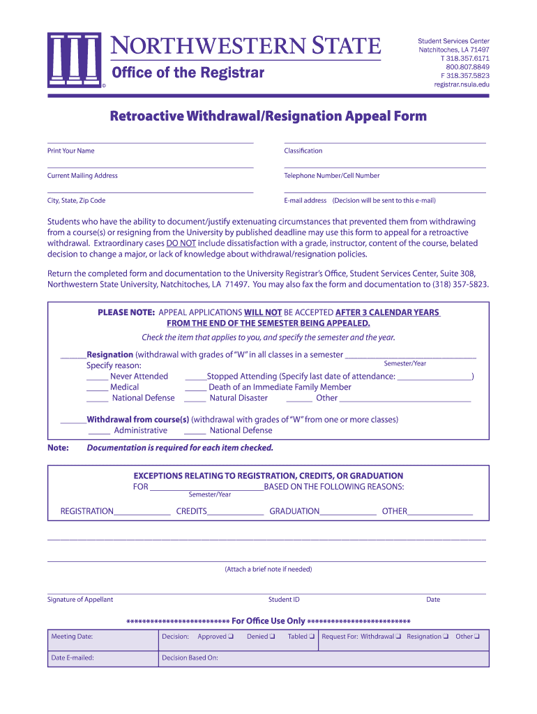 Northwestern State University Natchitoches Retroactive Withdraw Form