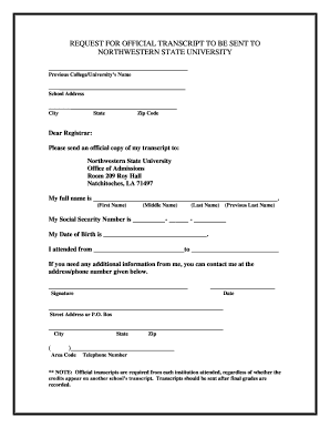 Northwestern State University Transcript Request  Form