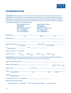  Pace University Recommendation Form 2013-2024
