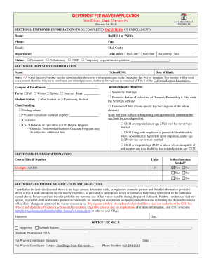 Dependent Fee Waiver Form Center for Human Resources San Hr Sdsu