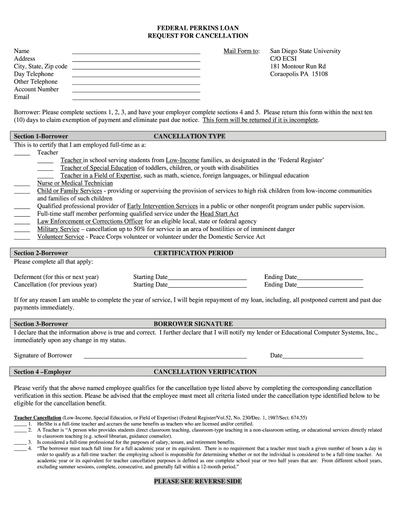 Perkins Loan Cancelation Form Sdsu