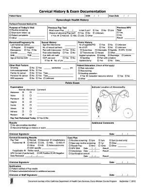 Cervical History and Exam Documentation Worksheet  Form