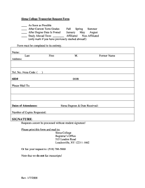 Siena College Transcript Request  Form