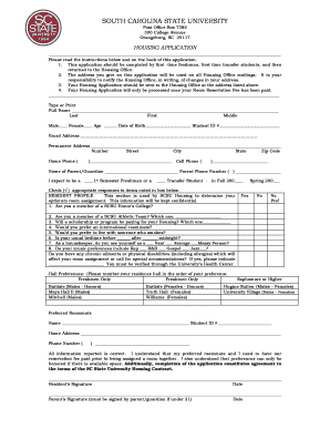 New Student Housing Application South Carolina State University Scsu  Form
