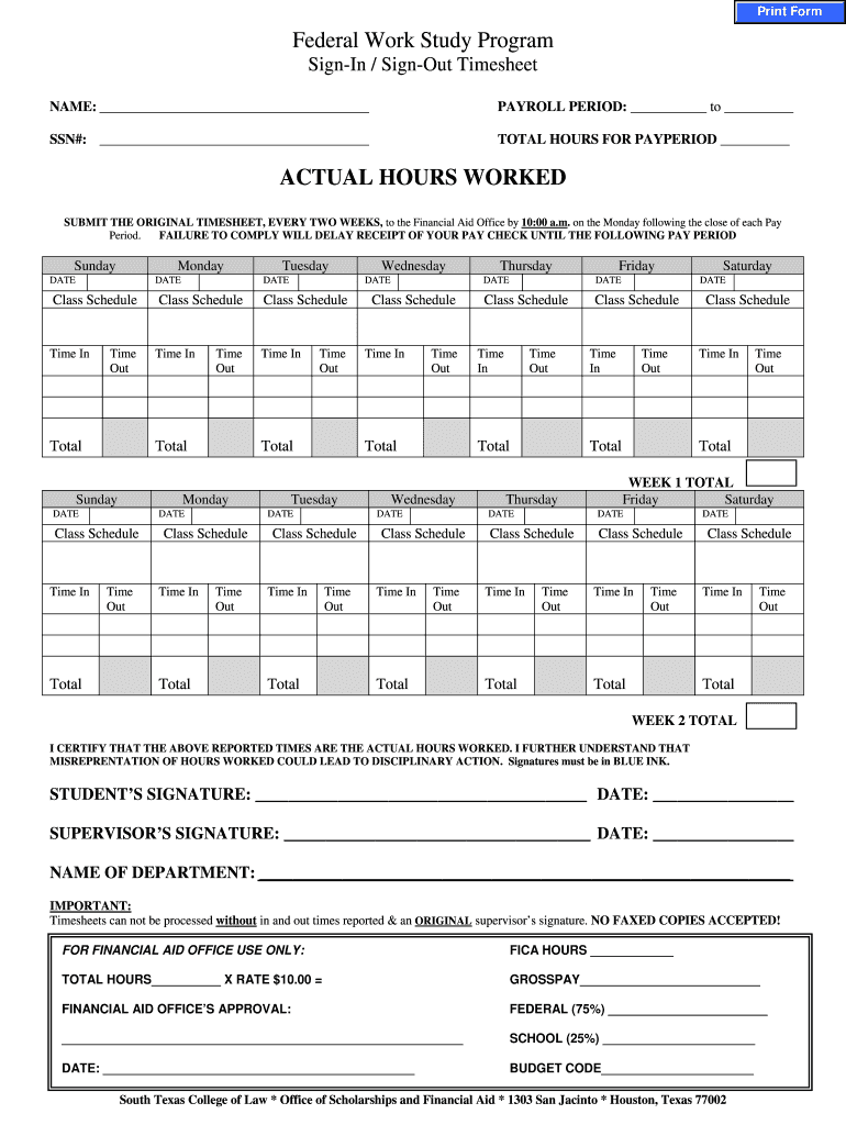 Federal Work Study Time Sheet South Texas College of Law Stcl  Form