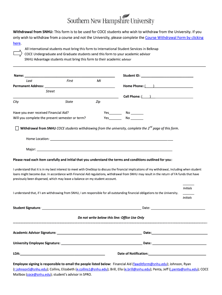 Snhu Withdrawal  Form