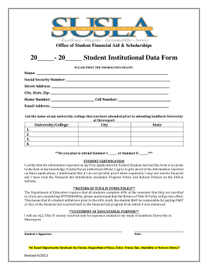 Student Data Form for Southern University of Shreveport