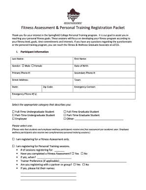 Fitness Assessment &amp; Personal Training Registration Packet Spfldcol  Form