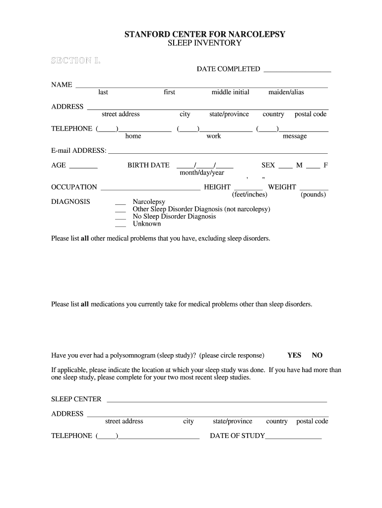 Stanford Narcolepsy Questionnaire  Form