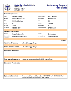 Ambulatory Surgery Face Sheet  Form