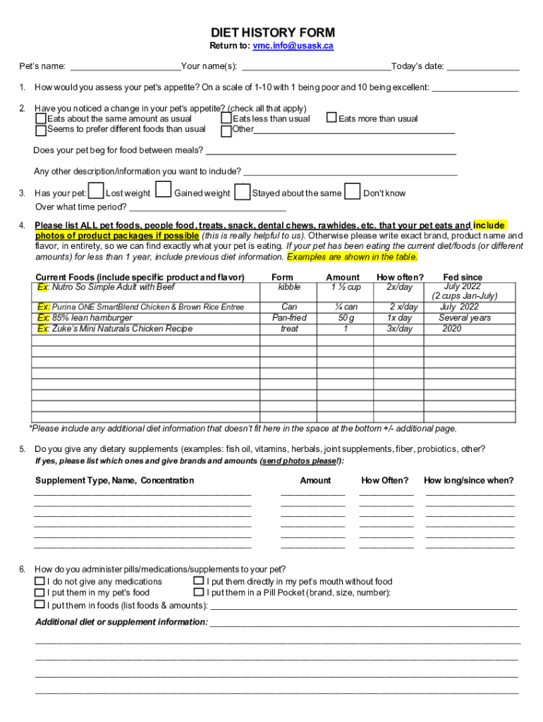 Diet History Form