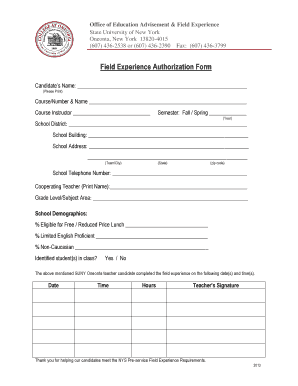 Suny Oneonta Field Experience Forms