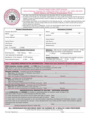 Health History and Immunization Form SUNY Oneonta Oneonta