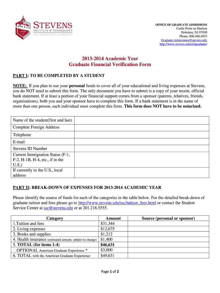  Stevens Institute Financial Verification Form 2013-2024